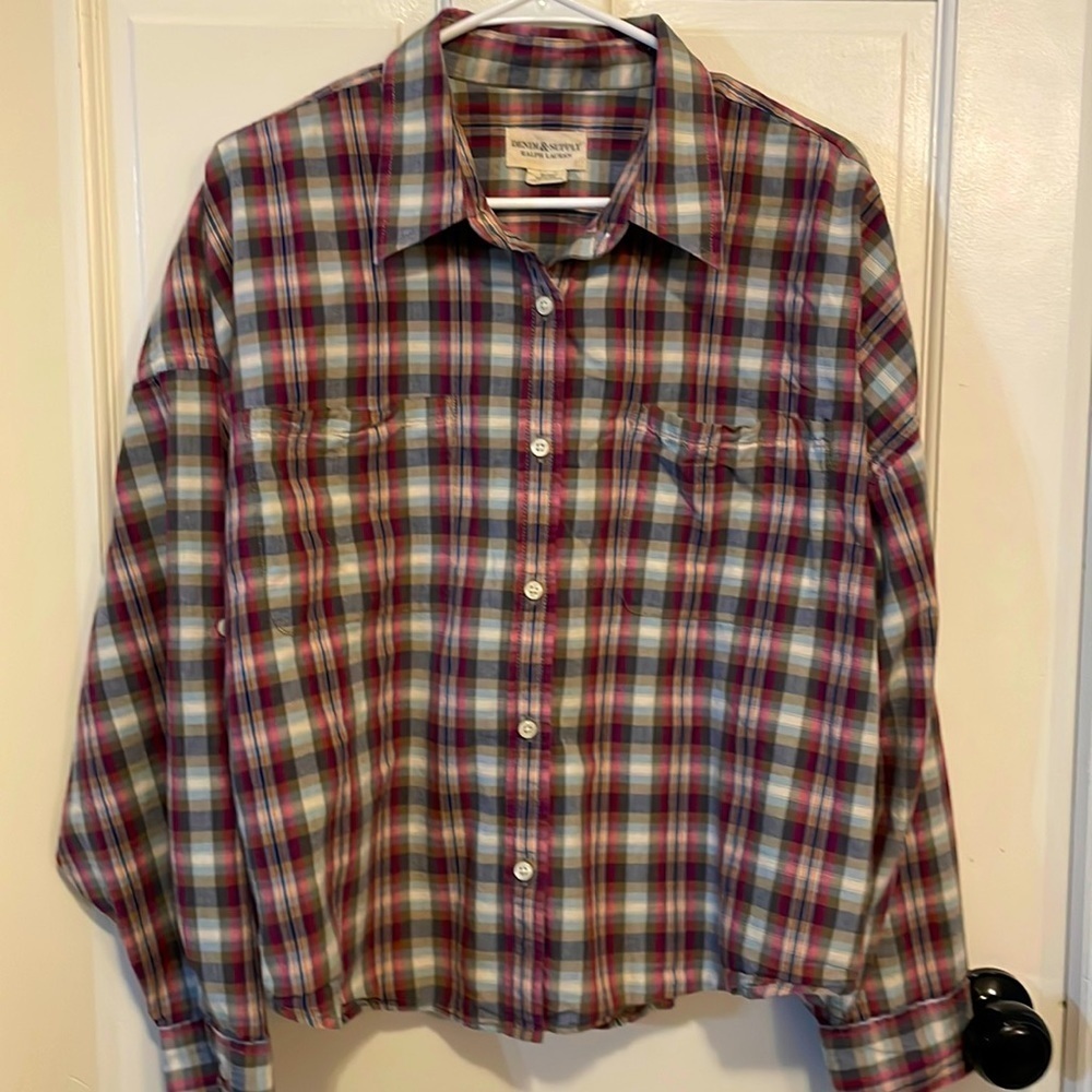 Denim & Supply size XL red and green‎ plaid top with roll tan sleeves.
